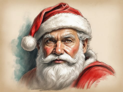 Ein älterer Mann mit weißem Bart und einem roten Weihnachtsmannhut schaut direkt in die Kamera. Sein Gesicht ist freundlich und hat leichte Falten, die seine Lebenserfahrung widerspiegeln. Er trägt ein rotes Gewand, das mit weißen Details versehen ist. Der Hintergrund ist in sanften Farbtönen gehalten, was eine festliche Stimmung erzeugt und die Figur hervorhebt. In diesem Bild wird die klassische Darstellung des Weihnachtsmannes gezeigt, der in der westlichen Tradition die Weihnachtsgeschenke bringt.