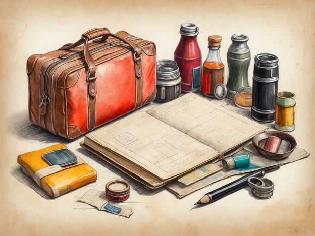 Auf dem Bild ist eine Auswahl an Reiseutensilien zu sehen, darunter eine rote Reisetasche, Flaschen mit verschiedenen Flüssigkeiten, ein Notizbuch, und einige weitere Gegenstände wie ein Bleistift und kleine Behälter.Hier ist eine perfekte Urlaubscheckliste:### Perfekte Urlaubscheckliste:**1. Reiseunterlagen:** - Reisepass/Personalausweis - Flugtickets/Busfahrkarten - Hotelbuchungen - Versicherungspapiere**2. Kleidung:** - Unterwäsche - Socken - Oberteile (T-Shirts, Hemden) - Hosen/Shorts - Jacke/Mantel (je nach Wetter)**3. Toilettenartikel:** - Zahnbürste und Zahnpasta - Duschgel und Shampoo - Deodorant - Rasierer/Haarschneider - Sonnenschutzmittel**4. Elektronik:** - Handy und Ladegerät - Kamera - Powerbank - Adapter für Steckdosen**5. Snacks und Getränke:** - Energieriegel - Wasserflasche - Obst (z.B. Äpfel/Bananen)**6. Unterhaltung:** - Bücher oder E-Reader - Kopfhörer - Spiele oder Kartenspiele**7. Sonstiges:** - Notizbuch und Stift - Reisewecker - Erste-Hilfe-Set - TaschenlampeNutze diese Liste, um sicherzustellen, dass du alles Wichtige für deinen Urlaub dabei hast!
