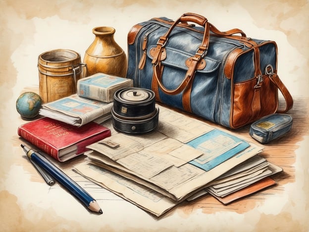 Auf dem Bild sind verschiedene Gegenstände zu sehen, die mit den Vorbereitungen für eine Reise in Verbindung stehen. Zu den sichtbaren Objekten gehören:- Eine Reisetasche, die wahrscheinlich für das Verstauen von Kleidung und anderen persönlichen Gegenständen gedacht ist.- Ein Globus, der Hinweise auf Reiseziele oder das Interesse an verschiedenen Ländern geben könnte.- Reiseführer oder Notizbücher, die für die Planung und Organisation der Reise nützlich sind.- Dokumente, eventuell mit Reiseinformationen oder Tickets.- Eine Kamera, die darauf hindeutet, dass der Reisende Erinnerungen festhalten möchte.- Stifte, um Notizen zu machen oder Reisepläne zu skizzieren.Diese Gegenstände verdeutlichen die Vorbereitung auf ein bevorstehendes Abenteuer.