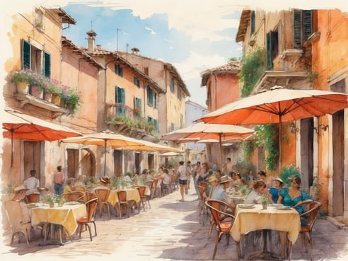 Eine malerische Gasse in Italien mit Terrassen, auf denen Gäste an Tischen sitzen. Die Tische sind mit gelben Tischdecken und kleinen Blumenarrangements dekoriert. Über den Tischen spenden rote Sonnenschirme Schatten. Im Hintergrund sind bunte Gebäude mit Fensterläden und Blumen zu sehen. Einige Passanten schlendern durch die Gasse, und die Atmosphäre wirkt lebhaft und einladend. Wie lange dauert Ferragosto in Italien? Der Feiertag wird am 15. August gefeiert und dauert in der Regel mehrere Tage, wobei viele Italiener eine lange Sommerpause genießen.