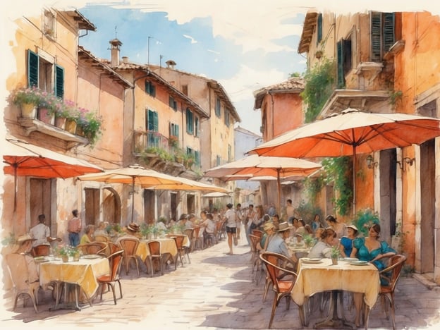 Eine malerische Gasse in Italien mit Terrassen, auf denen Gäste an Tischen sitzen. Die Tische sind mit gelben Tischdecken und kleinen Blumenarrangements dekoriert. Über den Tischen spenden rote Sonnenschirme Schatten. Im Hintergrund sind bunte Gebäude mit Fensterläden und Blumen zu sehen. Einige Passanten schlendern durch die Gasse, und die Atmosphäre wirkt lebhaft und einladend. Wie lange dauert Ferragosto in Italien? Der Feiertag wird am 15. August gefeiert und dauert in der Regel mehrere Tage, wobei viele Italiener eine lange Sommerpause genießen.
