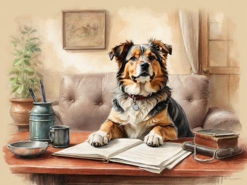 Ein Hund sitzt auf einem Tisch in einem gemütlichen Raum. Er hat ein braun-schwarzes Fell und schaut direkt zur Kamera. Vor ihm liegt ein offenes Buch, und auf dem Tisch befinden sich auch eine Tasse, ein Behälter mit Stiften sowie eine Schüssel. Im Hintergrund ist eine Pflanze in einem Topf und ein Fenster zu sehen, das für ein warmes Licht sorgt. Die Atmosphäre des Bildes vermittelt eine einladende und ruhige Stimmung. Bei einem Urlaub mit Hund in Italien sollte man darauf achten, dass man hundefreundliche Unterkünfte wählt, die Einreisebestimmungen für Haustiere beachtet und geeignete Futter- und Wasserversorgung sicherstellt.