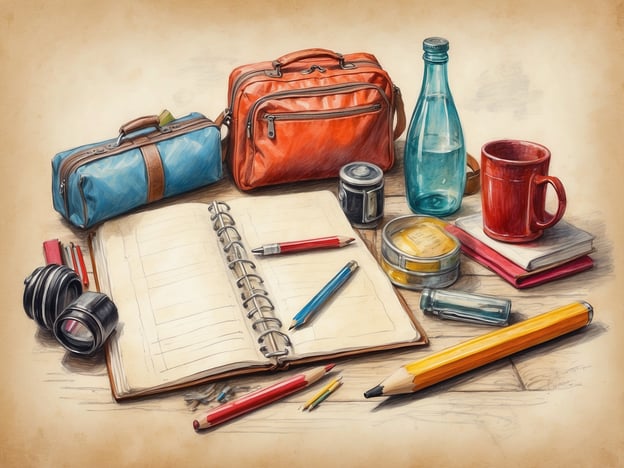 Auf dem Bild sind verschiedene Gegenstände zu sehen, die auf einen kreativen Arbeitsplatz hinweisen. Hier ist eine Packliste basierend auf den abgebildeten Objekten:### Packliste erstellen:1. **Rucksack** - orangefarbig2. **Federmäppchen** - blau3. **Wasserflasche** - transparent4. **Kaffeetasse** - rot5. **Notizbuch** - offen6. **Stifte**: - Bleistift - Buntstifte - Kugelschreiber7. **Kamerazubehör** - Objektive8. **Dose** - enthält möglicherweise Schreibtischmaterialien9. **Bücher** - kleine Notiz- oder Lehrbücher10. **Transparente Flasche** - eventuell für kleine UtensilienDiese Liste könnte nützlich sein, um sich auf einen kreativen Tag oder ein Projekt vorzubereiten.