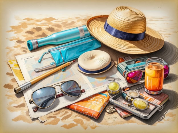 Auf dem Bild sind verschiedene Gegenstände zu sehen, die typischerweise auf einer Packliste für den Urlaub stehen könnten. Dazu gehören:1. **Sonnenhut** – zum Schutz vor der Sonne.2. **Sonnenbrillen** – um die Augen vor UV-Strahlen zu schützen.3. **Wasserflasche** – um ausreichend hydriert zu bleiben.4. **Notizbuch oder Karte** – zur Navigation und Planung.5. **Strandtuch oder Sarong** – für den Strand oder entspannte Momente.6. **Sonnenschutzmittel** – um die Haut zu schützen.7. **Snacks oder Getränke** – zum Genießen während des Aufenthalts.8. **Videokamera oder Smartphone** – um Erinnerungen festzuhalten.9. **Schlüssel** – eventuell für die Unterkunft oder Transportmittel.Diese Gegenstände sind wichtig für einen angenehmen und wohlorganisierten Urlaub!