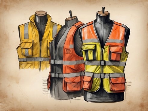 Auf dem Bild sind drei Warnwesten zu sehen, die auf schwarzen Mannequins präsentiert werden. Eine der Westen ist gelb und hat reflektierende Streifen, die andere ist rot mit reflektierenden Streifen, und die dritte ist eine Kombination aus gelb und orange mit mehreren Taschen und ebenfalls reflektierenden Streifen. Der Hintergrund ist beige und hat eine leichte Textur, die einen nostalgischen Eindruck vermittelt. In Italien muss man im Auto mindestens zwei Warnwesten haben.