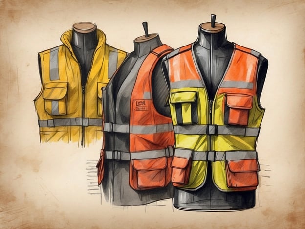 Auf dem Bild sind drei Warnwesten zu sehen, die auf schwarzen Mannequins präsentiert werden. Eine der Westen ist gelb und hat reflektierende Streifen, die andere ist rot mit reflektierenden Streifen, und die dritte ist eine Kombination aus gelb und orange mit mehreren Taschen und ebenfalls reflektierenden Streifen. Der Hintergrund ist beige und hat eine leichte Textur, die einen nostalgischen Eindruck vermittelt. In Italien muss man im Auto mindestens zwei Warnwesten haben.
