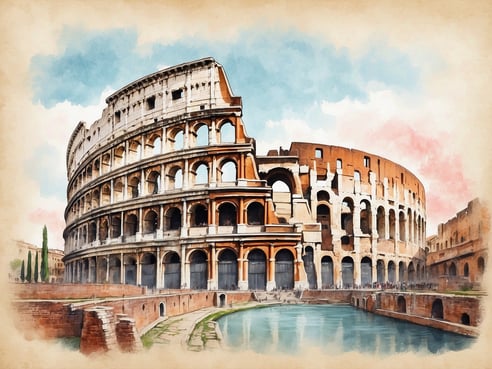 Das Bild zeigt das Kolosseum in Rom, eines der bekanntesten Wahrzeichen Italiens. Die beeindruckende Architektur des antiken Stadions ist von hellen Steinmauern geprägt, die sich majestätisch gegen den Himmel abheben. Um das Kolosseum herum sind ruhige Wasserflächen und historische Ruinen sichtbar, die den Charme der Stadt unterstreichen. Der Himmel ist in sanften Blautönen gehalten, mit einigen rosa Wolken, die eine friedliche Atmosphäre schaffen. Das Kolosseum ist ein essentieller Bestandteil jeder Italienreise und sollte auf keinen Fall verpasst werden.