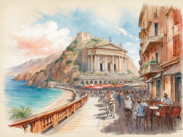 Auf dem Bild sieht man eine malerische Küstenstadt mit einem majestätischen Gebäude, das möglicherweise ein historisches Theater oder einen Tempel darstellt. Im Vordergrund gibt es eine belebte Promenade mit Cafés, in denen Menschen sitzen und die Aussicht genießen.Für die Reiseplanung könnte man folgende Punkte beachten:1. **Anreise**: Überlegen Sie, wie Sie zu dieser Destination gelangen möchten – per Flugzeug, Zug oder Auto.2. **Unterkunft**: Suchen Sie nach Hotels oder Ferienwohnungen in der Nähe der Promenade, um den schönen Ausblick und die Nähe zu den Sehenswürdigkeiten zu genießen.3. **Aktivitäten**: Planen Sie Besuche der historischen Stätten, Spaziergänge entlang der Küste und Mahlzeiten in lokalen Restaurants.4. **Transport vor Ort**: Informieren Sie sich über Fahrradverleihe oder öffentliche Verkehrsmittel, um die Umgebung besser erkunden zu können.5. **Tipps**: Überlegen Sie, ob es die Möglichkeit gibt, geführte Touren zu buchen, um mehr über die Geschichte der Stadt zu erfahren.Diese Ziele und Aktivitäten könnten Ihren Aufenthalt unvergesslich machen!
