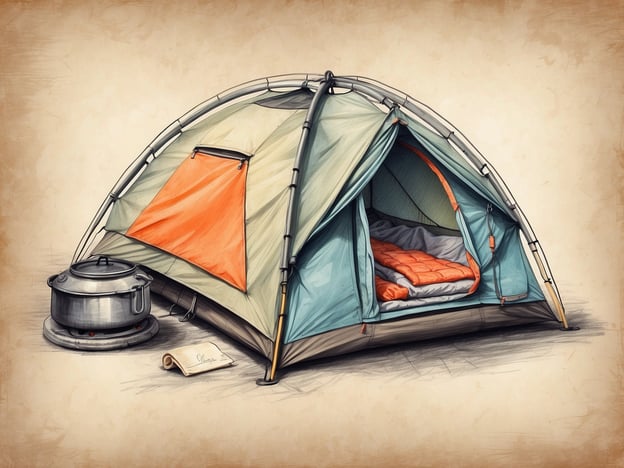 Auf dem Bild ist ein Campingzelt zu sehen, das offensichtlich für eine Übernachtung in der Natur vorbereitet ist. Es hat eine frische Farbgestaltung, mit einem orangen Zeltteil und einer offenen Eingangstür, die einen Blick auf eine gemütliche Schlafgelegenheit im Inneren gewährt.Neben dem Zelt steht ein Campingkocher mit einem Topf, der sich ideal zum Kochen von Mahlzeiten im Freien eignet. Ein gefaltetes Blatt Papier liegt auf dem Boden, das möglicherweise eine Art Campingschrift oder Plan enthalten könnte. Dieses Bild vermittelt eine einladende Atmosphäre für einen Campingausflug, voll mit den nötigen Camping-Essentials.