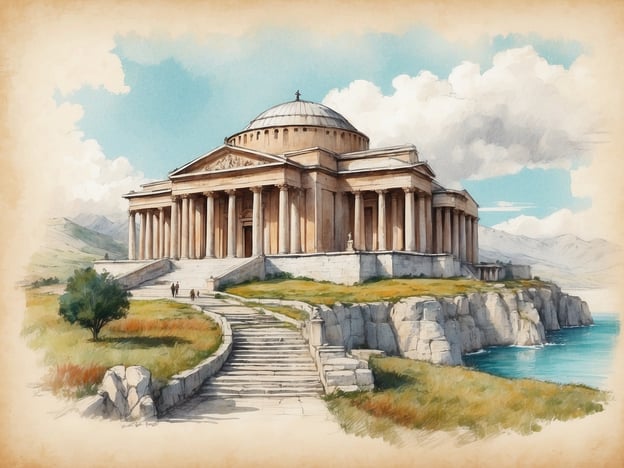 Eine große, klassizistische Tempelanlage steht majestätisch auf einem Felsen, umgeben von einer grünen Wiese und dem blauen Wasser des Meeres. Die Architektur ist geprägt von Säulen und einem kuppelförmigen Dach, das von Wolken umgeben ist. Im Vordergrund führt eine Treppe zur Hauptfassade des Gebäudes, wo einige Personen zu sehen sind. Im Hintergrund erheben sich sanfte Berge unter einem hellblauen Himmel. Albanien gibt es seit dem 28. November 1912 als unabhängiger Staat.