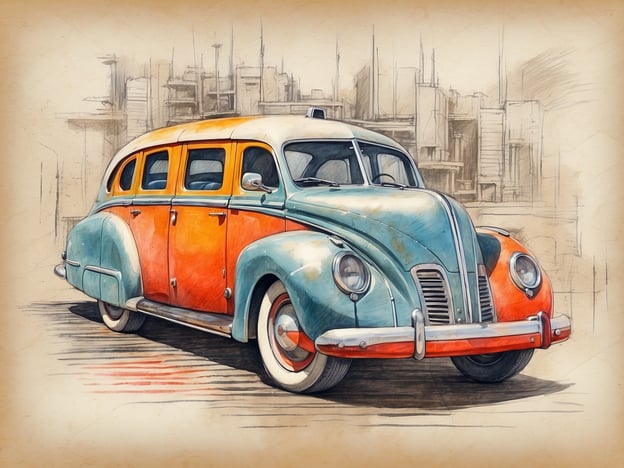 Auf dem Bild ist ein klassisches Auto zu sehen, das in einem stilisierten, handgezeichneten Look dargestellt ist. Es hat eine auffällige Farbgebung in Blau und Orange und erinnert an Automobile aus der Mitte des 20. Jahrhunderts. Die Kulisse im Hintergrund scheint eine städtische Umgebung zu sein, möglicherweise mit mehreren Gebäuden.In der Welt der Elektronik und Unterhaltung könnte dieses Auto eine Verbindung zu Retro-Designs oder Vintage-Ästhetik haben, die oft in Filmen, Videospielen oder sogar bei Automobilshows gefeiert wird. Es weckt Erinnerungen an eine Zeit, in der Autos nicht nur Transportmittel, sondern auch Symbole für Stil und Innovativität waren.