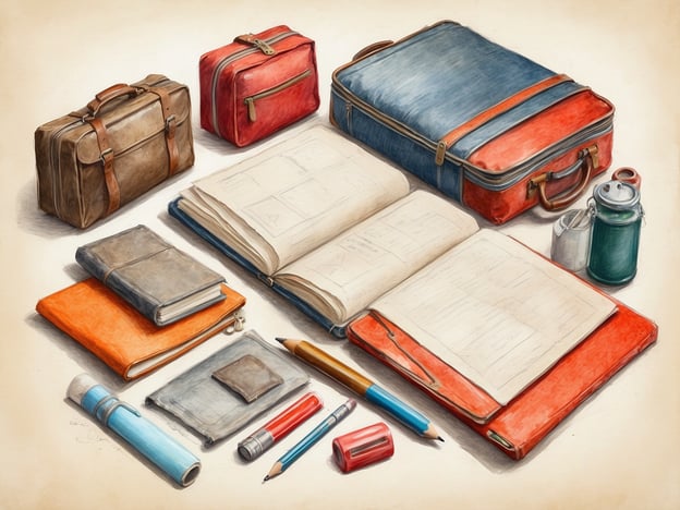 Auf dem Bild sind verschiedene Gegenstände zu sehen, die typischerweise bei der Vorbereitung einer Reise verwendet werden. Dazu gehören:- Reisetaschen in unterschiedlichen Größen und Farben, die zum Packen von Kleidung und persönlichen Gegenständen dienen.- Notizbücher in verschiedenen Farben, die für Reiseplanungen, Notizen oder Tagebuchaufzeichnungen verwendet werden können.- Schreibutensilien wie Stifte und Marker, die beim Ausfüllen von Formularen oder beim Festhalten von Ideen hilfreich sind.- Ein kleiner Behälter oder eine Flasche, möglicherweise für Wasser oder andere Flüssigkeiten.Diese Gegenstände sind nützlich, um die Reise gut zu organisieren und wichtige Informationen festzuhalten.