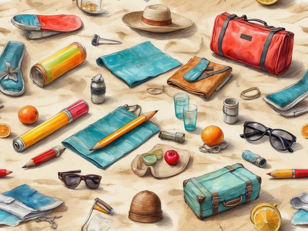 Auf dem Bild sind verschiedene Gegenstände zu sehen, die man für den perfekten Urlaub einpacken könnte. Dazu gehören:1. **Strandhandtuch** – zum Entspannen am Strand.2. **Sonnenhut** – um sich vor der Sonne zu schützen.3. **Sonnenbrillen** – für optimalen Sichtschutz.4. **Wasserflasche** – wichtig, um hydratisiert zu bleiben.5. **Obst** (z.B. Orangen) – für einen gesunden Snack.6. **Kamera** – um Erinnerungen festzuhalten.7. **Notizbuch und Stifte** – ideal für Notizen oder Skizzen.8. **Kosmetikartikel** – wie Sonnencreme.9. **Reisegepäck** – um alles organisiert zu verstauen.Diese Gegenstände sorgen dafür, dass man gut vorbereitet in den Urlaub starten kann.