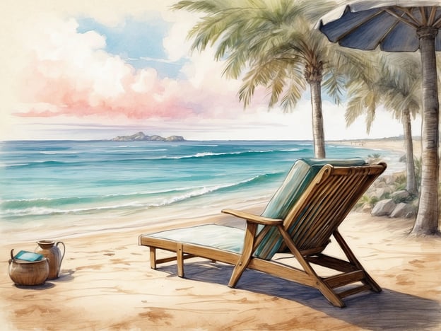 Auf dem Bild ist eine entspannte Strandszene zu sehen. Ein Liegestuhl steht am Ufer, umgeben von Palmen, während sanfte Wellen ans Land plätschern. Im Hintergrund ist eine kleine Insel zu erkennen.Hier sind einige Tipps für einen stressfreien Urlaub:1. **Frühzeitig planen**: Erstelle eine Liste der Dinge, die du mitnehmen möchtest, und buche Unterkünfte und Aktivitäten im Voraus.2. **Flexibel bleiben**: Lass Raum für spontane Entscheidungen und Änderungen, damit du den Urlaub in vollen Zügen genießen kannst.3. **Entspannungszeiten einplanen**: Plane Zeit für dich selbst ein, sei es am Strand oder in einem Spa, um dich zu regenerieren.4. **Digital Detox**: Reduziere die Nutzung von elektronischen Geräten, um mehr im Moment zu leben.5. **Gesunde Ernährung**: Achte darauf, ausreichend Wasser zu trinken und dich gesund zu ernähren, damit du energiegeladen bleibst.6. **Einfache Aktivitäten**: Genieße einfache Freuden wie Strandspaziergänge oder ein gutes Buch – oft sind diese die besten Erlebnisse.Mit diesen Tipps kannst du deinen Urlaub besonders entspannend und stressfrei gestalten!