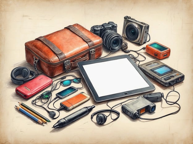 Auf dem Bild sind verschiedene elektronische Geräte und Gadgets zu sehen. Dazu gehören:- Eine braune Ledertasche, die wahrscheinlich für die Aufbewahrung von Geräten dient.- Zwei Kameras, die für Fotografie genutzt werden können.- Ein Tablet mit einem großen Bildschirm.- Mehrere Smartphones in verschiedenen Farben.- Eine Powerbank (zum Aufladen von Geräten).- Verschiedene Kopfhörer und Ohrhörer.- Eine tragbare Musik- oder Medienquelle.- Einige Stifte und Bleistifte.Das Arrangement zeigt eine Kombination aus Technik und kreativen Werkzeugen, die für Reisen oder kreative Projekte nützlich sein können.