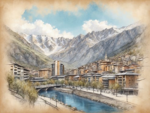 Eine malerische Landschaft zeigt eine Stadt am Ufer eines ruhigen Flusses, umgeben von majestätischen Berge. Die Stadt besteht aus modernen und traditionellen Gebäuden, die sanft an den Hang gebaut sind. Im Hintergrund sind schneebedeckte Gipfel zu sehen, während der Himmel blau mit einigen weißen Wolken ist. An den Ufern des Flusses stehen Bäume und entlang der Promenade spazieren Menschen. Die Szene vermittelt ein Gefühl von Ruhe und Naturverbundenheit, ideal für eine Stadt wie Andorra la Vella.