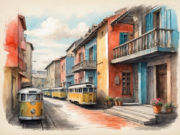 Auf dem Bild ist eine malerische Straße mit bunten Häusern und nostalgischen Straßenbahnen zu sehen. Die Gebäude sind in verschiedenen Farben gestaltet, was eine freundliche Atmosphäre schafft. Es gibt auch kleine Balkone, die zum Verweilen einladen.Für einen Aufenthalt könnten die bunten Häuser als charmante Unterkünfte dienen, die ein authentisches Erlebnis in dieser lebhaften Umgebung bieten. Die umliegenden Straßen und Plätze laden zu Ausflügen ein, um die lokale Kultur zu erkunden, Geschäfte zu besuchen oder in gemütlichen Cafés zu entspannen. Solch ein Ort wäre ideal für Reisende, die das traditionelle Flair einer Stadt genießen möchten.