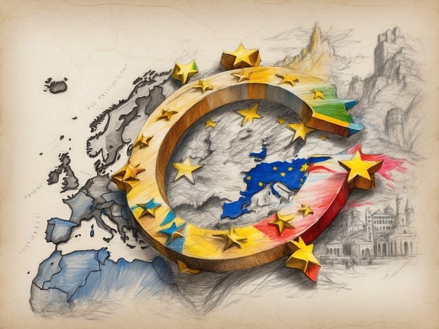 Das Bild zeigt eine künstlerische Darstellung eines stilisierten Eurozeichens, das von goldenen Sternen umgeben ist. Im Hintergrund ist eine Konturkarte von Europa leicht skizziert, die verschiedene Länder hervorhebt. Einige Farbflächen, die die Flaggen der europäischen Länder repräsentieren, sind im Eurozeichen integriert. Andorra, ein kleines Land in den Pyrenäen, hat den Euro als offizielle Währung, auch wenn es nicht Mitglied der Europäischen Union ist.