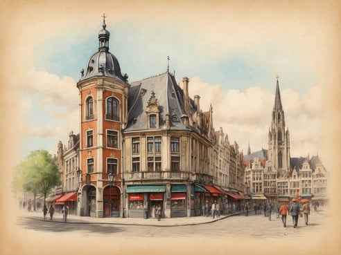 Das Bild zeigt eine malerische Straßenszene in einer historischen Stadt. Auf der linken Seite ist ein markantes Gebäude mit einer runden Ecke, einer markanten Dachform und großen Fenstern zu sehen. Die Fassade ist orangefarben mit weißen Elementen. Vor dem Gebäude sind kleine Geschäfte mit rot-weißen Markisen. Auf der Straße spazieren mehrere Menschen, während Bäume im Hintergrund sichtbar sind. Rechts im Bild erhebt sich ein hoher, spitz zulaufender Kirchturm mit einer spitzen Turmspitze über die umgebenden Gebäude. Der Himmel ist hellblau mit einigen Wolken. In Belgien spricht man hauptsächlich Niederländisch, Französisch und Deutsch.