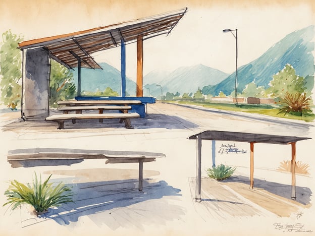 Auf dem Bild sehen wir eine (Pause) farbenfrohe Aquarellmalerei. (Bewegung) In der Mitte ist ein überdachter Bereich mit Bänken und einem Tisch. (Pause) Die Farben sind sanft, und wir erkennen eine ruhige Landschaft im Hintergrund, (Bewegung) mit Bergen und Bäumen.(Leise) An der Seite steht ein kleines, schattiges Tischchen, (Pause) und es gibt grüne Pflanzen, die den Boden schmücken. (Bewegung) Die gesamte Szene wirkt einladend und friedlich.