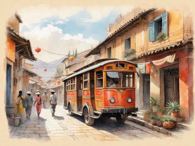 Auf dem Bild ist eine malerische Straße zu sehen, die von altehrwürdigen Häusern gesäumt ist, die in warmen, erdigen Tönen gehalten sind. Eine große Straßenbahn, vermutlich im traditionellen Stil, fährt durch die enge Gasse. Neben der Bahn schreiten Menschen in farbenfrohen Kleidern und typischen breitkrempigen Hüten, was an die lokale Kultur erinnert, die oft durch lebendige Kleidungsstile und Gemeinschaftsleben geprägt ist.Die rot leuchtenden Laternen, die im Hintergrund hängen, könnten auf ein Fest oder eine Feier hinweisen, die in vielen asiatischen Kulturen eine bedeutende Rolle spielt, beispielsweise das Laternenfest. Die Pflanzen in Töpfen und die Fenster mit Blumenschmuck verleihen der Szenerie eine einladende und lebendige Atmosphäre. Es ist ein schöner Moment, der die harmonische Verbindung zwischen traditionellem Alltag und der historischen Kulisse einfängt.