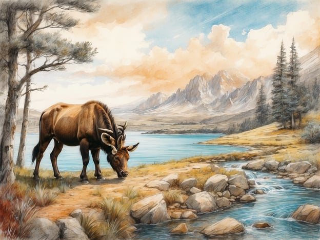 Auf dem Bild ist eine friedliche Naturszene zu sehen, die die faszinierende Natur und Tierwelt Sal's erkundet. Im Vordergrund grast ein großes Tier, das an einen Elch erinnert, am Ufer eines ruhigen Sees. Das Wasser reflektiert die umgebenden Berge und den klaren Himmel, der mit sanften Wolken bedeckt ist. Im Hintergrund sieht man majestätische Berge und eine üppige Vegetation, die die Schönheit dieser einzigartigen Landschaft hervorhebt. Die Szenerie strahlt Ruhe und Harmonie aus, ideal für Natur- und Tierliebhaber.