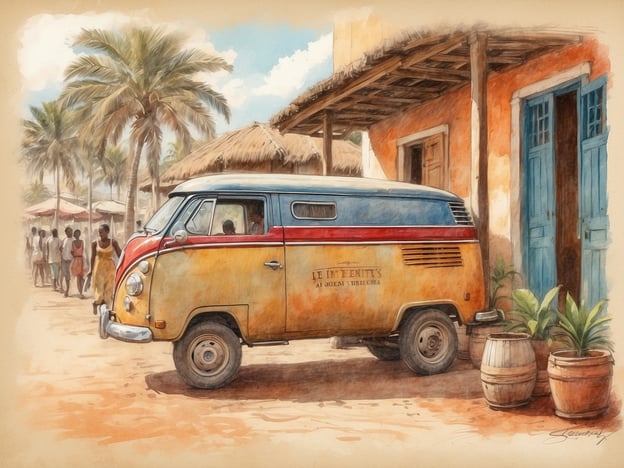 Auf dem Bild ist ein farbenfroher Kombi zu sehen, der vor einem traditionellen Gebäude mit blauen Türen parkt. Die Umgebung wirkt tropisch, mit Palmen und einer Szene, die das lebhafte Treiben am Strand zeigt. Im Hintergrund sind Menschen zu erkennen, die entlang des Strandes gehen, was auf eine belebte Atmosphäre hinweist. Diese Darstellung fängt die Essenz der kapverdischen Kultur ein, die für ihre bunten Häuser, lebhaften Märkte und die herzliche Gastfreundschaft bekannt ist.Die kapverdische Gastronomie könnte in einem solchen Setting durch lokale Spezialitäten wie „Cachupa“ (ein traditionelles Eintopfgericht) oder frische Meeresfrüchte, zubereitet mit typisch kapverdischen Gewürzen, präsentiert werden. Es ist ein perfekter Ort, um die authentische Kultur und die kulinarischen Köstlichkeiten der Kapverden zu erleben.