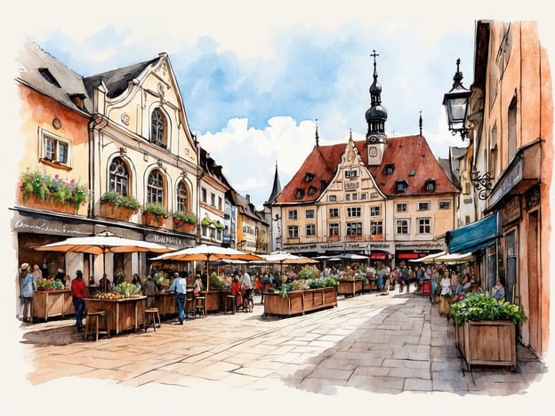 Auf dem Bild ist eine lebhafte Marktszene zu sehen, die an den Viktualienmarkt in München erinnern könnte. Der Markt ist bekannt für seine bunten Stände mit frischen Lebensmitteln, Blumen und regionalen Spezialitäten. Die Architektur der umliegenden Gebäude spiegelt den historischen Charme Münchens wider, mit schöner Fassadengestaltung und liebevoll ornamentierten Details.Die Geschichte des Viktualienmarkts beginnt im 19. Jahrhundert, als er sich von einem einfachen Markt für Lebensmittel zu einem der bekanntesten Märkte in Deutschland entwickelte. Er bietet nicht nur eine Vielzahl an frischen Produkten, sondern auch ein Erlebnis für Touristen und Einheimische, die die bayerische Kultur und Gastronomie genießen möchten. Die Atmosphäre auf dem Bild strahlt diesen besonderen Charakter des Viktualienmarkts aus.