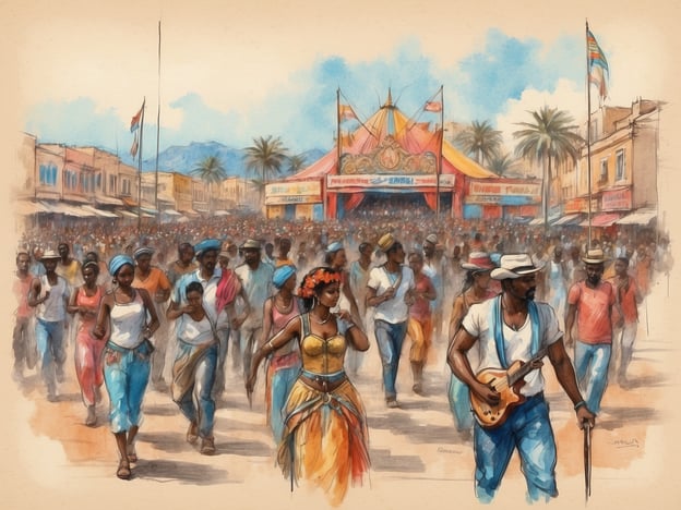 Auf dem Bild ist eine lebendige Szene zu sehen, die anlässlich eines Festes auf São Vicente in Kap Verde spielt. Die Menschen sind in traditioneller Kleidung gekleidet und scheinen an einem Umzug oder einer Feier teilzunehmen.São Vicente ist bekannt für seine kulturellen Highlights, darunter das berühmte Festival von Mindelo, das eine Mischung aus Musik, Tanz und farbenfrohen Paraden bietet. Die Insel ist ein Zentrum für Musikstile wie Morna und Coladeira, und das Bild spiegelt die energiegeladene Atmosphäre dieser kulturellen Ereignisse wider. Die Palmen und die bunten Fahnen im Hintergrund lassen auf die tropische Umgebung und den festlichen Charakter der Veranstaltung schließen.