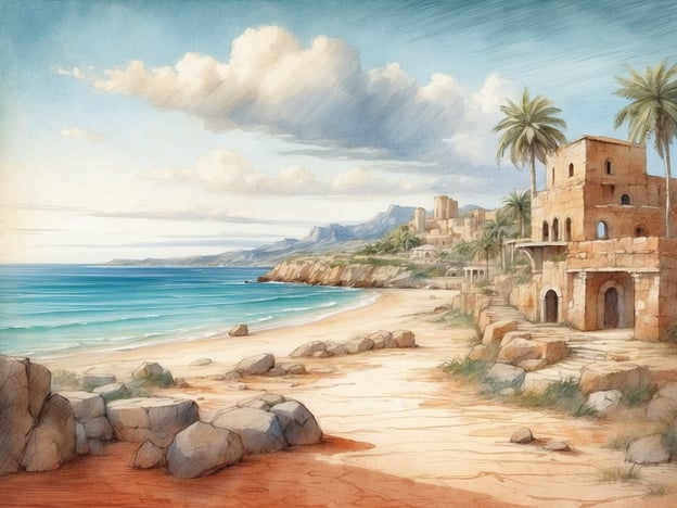 Auf dem Bild ist eine malerische Küstenlandschaft zu sehen. Weiße Sandstrände erstrecken sich entlang des türkisfarbenen Wassers, während sanfte Wellen an die Küste schlagen. Im Hintergrund erheben sich sanfte Hügel und Berge, die von einer hellen, bewölkten Himmel begleitet werden. An der Küste stehen historische Gebäude aus warmem Stein, umgeben von Palmen, die eine ruhige, fast nostalgische Atmosphäre schaffen.Die Geschichte von Maio könnte in dieser Kulisse spielen. Maio war ein Junge, der an diesen Stränden lebte. Er sammelte Muscheln und entdeckte oft geheimnisvolle Steinruinen, die Geschichten aus alten Zeiten erzählten. Eines Tages fand er eine verborgene Höhle, die voller funkelnder Steine war und ihm eines der größten Abenteuer seines Lebens einbrachte. Dort erfuhr er von den Legenden seiner Vorfahren und über die verlorenen Schätze, die in den Wellen verborgen waren.