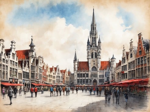Auf dem Bild ist ein lebendiger Marktplatz in einem belgischen Stadtzentrum zu sehen, umgeben von malerischen, historischen Gebäuden mit rot gedeckten Dächern. Im Hintergrund dominiert ein imposantes Wahrzeichen mit einer hohen Spitze und mehreren Türmchen, das die Skyline prägt. Menschen flanieren über den Platz, einige stehen an den Marktständen, die mit roten Markisen versehen sind. Der Himmel zeigt eine sanfte Mischung aus Blau und Wolken. Beliebte Sehenswürdigkeiten in Belgien, die man nicht verpassen sollte, sind unter anderem das fröhliche Treiben in den Städten und die beeindruckende Architektur der historischen Gebäude.