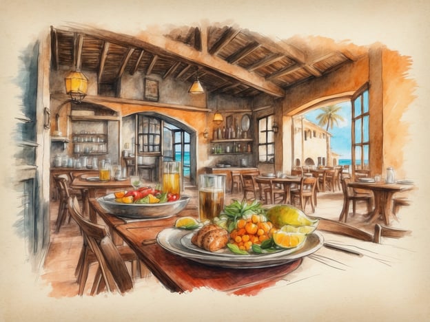 Auf dem Bild ist ein gemütliches Restaurant auf Santo Antão zu sehen, das einladend wirkt. Die Tische sind gedeckt, und auf einem Tisch befindet sich ein bunter Obstteller mit verschiedenen Früchten, was typisch für die Region ist. Dazu könnte es lokale Spezialitäten wie frischen Fisch oder Fleischgerichte geben, die oft mit Reis oder Bohnen serviert werden.Getränke könnten lokale Säfte oder auch das traditionelle Getränk „grogue“, ein Zuckerrohrschnaps, sein. Die Atmosphäre scheint entspannt und freundlich, perfekt, um die köstliche Küche von Santo Antão zu genießen.