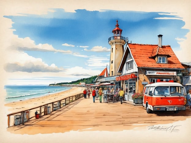 Auf dem Bild ist eine malerische Küstenlandschaft zu sehen, die durch einen Leuchtturm und einige typisch maritime Gebäude ergänzt wird. Es scheint ein sonniger Tag zu sein, und Menschen flanieren entlang der Strandpromenade. Diese Szenerie erinnert möglicherweise an beliebte Urlaubsorte an der Ostsee oder Nordsee.**Insider-Tipps für deinen Aufenthalt:**1. **Frische Meeresfrüchte genießen:** Probiere lokale Fischgerichte in den Restaurants an der Promenade. Oft gibt es fangfrischen Fisch, der besonders köstlich ist.2. **Früh aufstehen:** Um die Ruhe zu genießen, gehe früh zum Strand. Der Sonnenaufgang über dem Wasser ist atemberaubend.3. **Fahrradtour machen:** Viele Küstenorte bieten Fahrradverleih an. Die Umgebung lässt sich wunderbar mit dem Rad erkunden.4. **Strandspiele mitbringen:** Packe ein paar Spiele (wie Strandvolleyball oder Frisbee) ein, um den Aufenthalt aktiv zu gestalten.5. **Leuchtturm-Besichtigung:** Wenn möglich, besuche den Leuchtturm. Oft hat man von dort oben einen tollen Blick auf die Küste.6. **Regionale Märkte:** Besuche lokale Märkte, um handgefertigte Souvenirs zu kaufen und die regionale Kultur besser kennenzulernen.Viel Spaß bei deinem Aufenthalt!