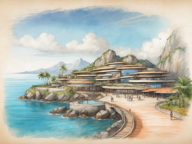 Auf dem Bild sieht man eine künstlerische Darstellung eines futuristischen Gebäudekomplexes an der Küste. Die Architektur ist modern, mit runden, geschwungenen Formen und großen Glasflächen, die viel Licht hereinlassen. Umgeben von tropischen Pflanzen und direkt am Wasser, vermittelt die Szene ein Gefühl von Entspannung und Luxus. Im Hintergrund sind sanfte Hügel oder Berge zu sehen, und der Himmel ist leicht bewölkt, was eine idyllische Atmosphäre schafft.Diese Darstellung könnte ein Projekt in Hulhumalé repräsentieren, das als eine moderne Stadt mit nachhaltigen Einrichtungen und touristischen Attraktionen konzipiert ist. Die Kombination aus Natur und modernem Design spiegelt die Vision der Stadtentwicklung wider, die Harmonie zwischen Mensch und Umwelt zu fördern.