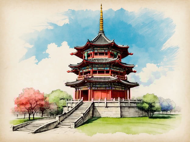 Auf dem Bild ist ein traditioneller chinesischer Turm zu sehen, der in der Architektur des Chinesischen Turms inspiriert ist. Der Chinesische Turm, ein bekanntes Gebäude im Englischen Garten in München, wurde ursprünglich im 18. Jahrhundert erbaut und spiegelt die fernöstliche Architektur wider, die in Europa sehr geschätzt wurde.Mit seinen auffälligen roten Wänden, den geschwungenen Dächern und dem goldenen Dachreiter strahlt der Turm eine exotische Eleganz aus. Umgeben von blühenden Bäumen und einer gepflegten Gartenlandschaft, lädt dieser Ort zu einem Spaziergang und zur Besinnung ein, ähnlich wie der Chinesische Turm, der ein beliebter Treffpunkt für Besucher ist. Solche Türme stellen oft auch ein kulturelles Symbol dar, das die Verbindung zwischen Natur, Kunst und Tradition würdigt.