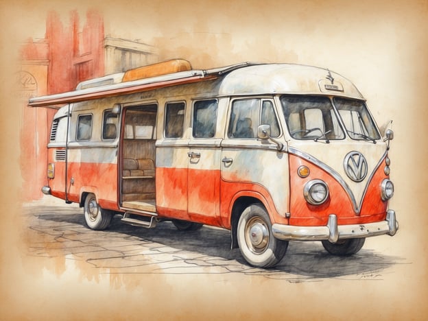 Auf dem Bild ist ein nostalgischer, klassischer Volkswagen-Bus zu sehen, der in einem ansprechenden Orange und Weiß gestaltet ist. Er steht auf einem gepflasterten Weg und hat eine offene Tür, was einladend wirkt. Die Darstellung erinnert an Reisen und Abenteuer, ideal für das Entdecken von neuen Orten.**Die maledivische Gastfreundschaft erleben** könnte in einem solchen Fahrzeug besonders charmant sein, da man mit ihm auch abgelegene Strände und ruhige Buchten erkunden kann, während man die lokale Kultur und die Herzlichkeit der Menschen hautnah erlebt.