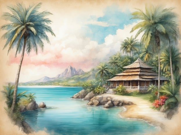 Auf dem Bild ist eine malerische Küstenlandschaft zu sehen. Es gibt hohe Palmen, die sanft im Wind wiegen, und eine ruhige Bucht, in der das Wasser glitzert. Am Ufer steht ein traditionelles Haus mit einem Reetdach, umgeben von üppiger Vegetation und bunten Blumen. Im Hintergrund sind sanfte Berge zu erkennen, die dem Bild eine friedliche Kulisse verleihen.In der Geschichte von Gulhi könnte dies der perfekte Ort sein, an dem die Protagonistin Ruhe findet, während sie von ihren Abenteuern träumt. Der Anblick des klaren Wassers lässt Erinnerungen an glückliche Tage und erkundete Geheimnisse wach werden. Gulhi könnte hier die Schönheit der Natur genießen und sich neue Geschichten ausdenken, die sie erzählen möchte.