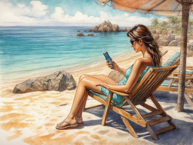 Auf dem Bild ist eine entspannte Szene am Strand zu sehen. Eine Person sitzt in einem Liegestuhl unter einem Sonnenschirm und schaut auf ihr Handy. Dies erinnert an die ruhigen Tage auf Huraa, wo man die Sonne genießen und am Strand entspannen kann.In Huraa kann man auch schnorcheln und die farbenfrohe Unterwasserwelt erkunden oder bei einem Spaziergang am Strand die unberührte Natur bewundern. Ein Besuch in einem der kleinen Cafés könnte ebenfalls Teil des Erlebnisses sein, um die lokale Küche zu probieren oder einfach einen frischen Kokosnussdrink zu genießen.