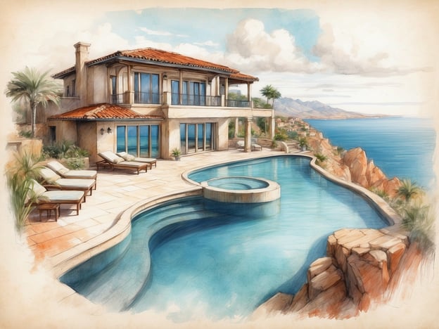 Auf dem Bild ist eine elegante Villa zu sehen, die sich an einer Küste befindet. Diese Unterkunft bietet große Fenster mit Blick auf das Meer und die umliegenden Berge.Vor der Villa befindet sich ein ansprechender Swimmingpool, der einen schönen Welleneffekt hat, sowie ein Whirlpool, der ideal zum Entspannen ist. Rund um den Pool sind Liegen aufgestellt, die zum Sonnenbaden einladen.Die Umgebung ist mit Palmen und anderen Pflanzen gestaltet, was eine entspannte, tropische Atmosphäre schafft. Diese Annehmlichkeiten machen die Villa zu einem perfekten Ort für einen luxuriösen Urlaub.