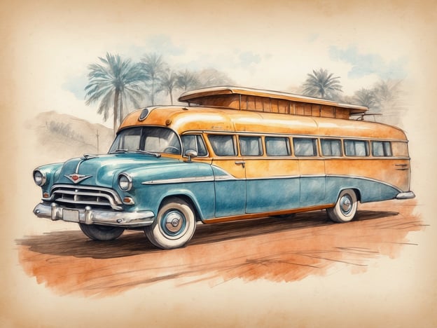 Auf dem Bild ist ein farbenfroher Vintage-Bus zu sehen, der in einem schönen Design gestaltet ist. Er hat eine orangefarbene Oberseite und eine türkisfarbene Unterseite, was ihm ein freundliches und einladendes Aussehen verleiht. Umgeben von Palmen in einer warmen Umgebung, weckt das Bild nostalgische Gefühle und vermittelt ein Gefühl von Reisen und Abenteuer.In Bezug auf Service und Gastfreundschaft könnte dieser Bus als Symbol für Reisen gedacht sein, bei dem die Gäste bequem transportiert werden, während sie neue Orte erkunden. Die ansprechende Gestaltung des Busses lädt dazu ein, einzusteigen, um unvergessliche Erlebnisse zu sammeln.