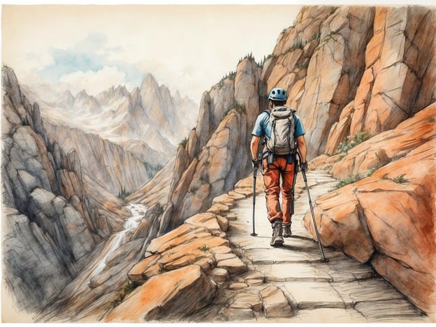 Auf dem Bild sieht man einen Wanderer, der einen schmalen Pfad in einer gebirgigen Landschaft entlanggeht. Diese Szenerie erinnert an Abenteueraktivitäten wie:1. **Bergwanderung**: Die Erkundung von alpinen Trails und das Genießen der atemberaubenden Aussichten.2. **Klettern**: Die Herausforderung der steilen Felswände in der Nähe.3. **Naturerkundung**: Beobachtungen der Flora und Fauna in unberührter Natur.4. **Fotografie**: Die Gelegenheit, die beeindruckenden Landschaften festzuhalten.5. **Camping**: Übernachtungen unter dem Sternenhimmel in den Bergen.Diese Aktivitäten eignen sich hervorragend für Abenteurer, die die Natur erleben und ihre Grenzen austesten möchten.