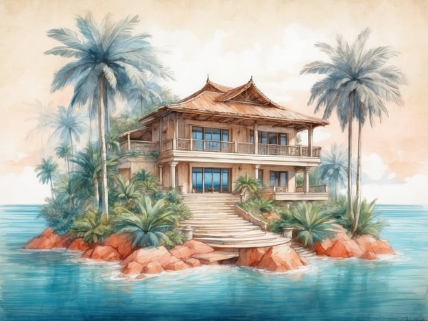 Auf dem Bild ist ein wunderschönes, tropisches Haus zu sehen, das auf einer kleinen Insel umgeben von klarem Wasser und üppiger Vegetation steht. Die Architektur des Hauses hat einen traditionellen, asiatischen Einfluss und es gibt viele Palmen und Pflanzen, die die Umgebung dekorieren.In Bezug auf die Malediven ist die „Gan“ eine der größeren und bewohnten Inseln, die zur Addu Atoll-Gruppe gehört. Gan ist bekannt für ihre natürliche Schönheit, ihre Strände und die Vielfalt an Aktivitäten, die dort angeboten werden, einschließlich Wassersport und Erholung. Die Insel hat auch historische Stätten und bietet einen Einblick in das lokale Leben und die Kultur der Malediven.