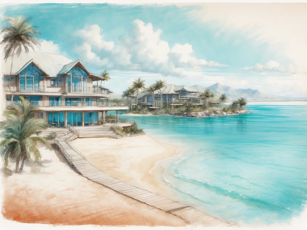 Das Bild zeigt ein malerisches Resort in einer tropischen Umgebung, wahrscheinlich auf den Malediven, mit einem modernen Gebäude direkt am Wasser. Umgeben von Palmen und feinem Sandstrand, vermittelt die Szenerie eine entspannende Urlaubsatmosphäre. Kristallklares Wasser und eine einladende Küstenlinie laden zum Verweilen und Entspannen ein.Das Iru Fushi Resort ist ein luxuriöses Ziel, bekannt für seine erstklassigen Annehmlichkeiten, private Villen und Aktivitäten wie Schnorcheln und Spa-Behandlungen. Die Kombination aus natürlicher Schönheit und elegantem Design macht es zu einem idealen Ort für Erholung und Abenteuer.