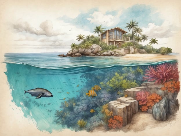 Auf dem Bild ist eine idyllische Szenen von den Malediven zu sehen, die sowohl die Oberfläche als auch die Unterwasserwelt darstellt. Im Vordergrund sieht man eine Unterwasserlandschaft mit bunten Korallen, verschiedenen Arten von Fischen und einer Vielfalt an Meeresflora. Dies lädt zum Schnorcheln oder Tauchen ein, Aktivitäten, die auf den Malediven besonders beliebt sind.Die oberhalb des Wassers sichtbare Luxusvilla umgeben von Palmen und weichem, weißem Sandstrand lädt zu entspannenden Tagen am Meer, romantischen Spaziergängen oder im Liegestuhl unter einem Sonnenschirm ein. Weitere Aktivitäten, die man auf den Malediven genießen kann, sind Bootsfahrten, Angelausflüge oder Wellness-Behandlungen in einem der vielen Resorts.