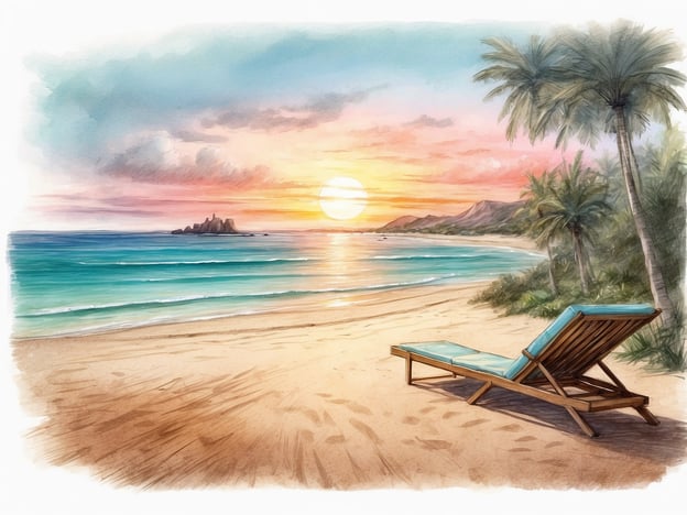 Auf dem Bild ist ein traumhafter Strand mit sanften Wellen und einem beeindruckenden Sonnenuntergang zu sehen. Es gibt eine bequeme Liege, die zum Entspannen einlädt, um die friedliche Atmosphäre und die Schönheit der Natur zu genießen.Auf Kuda Bandos kannst du Aktivitäten wie Schnorcheln oder Tauchen erleben, um die bunte Unterwasserwelt zu erkunden. Auch Yoga am Strand bei Sonnenaufgang oder -untergang ist eine beliebte Möglichkeit, um Körper und Geist zu entspannen. Der schöne Ausblick und die ruhige Umgebung bieten die perfekte Kulisse für Erholung und Erfrischung.