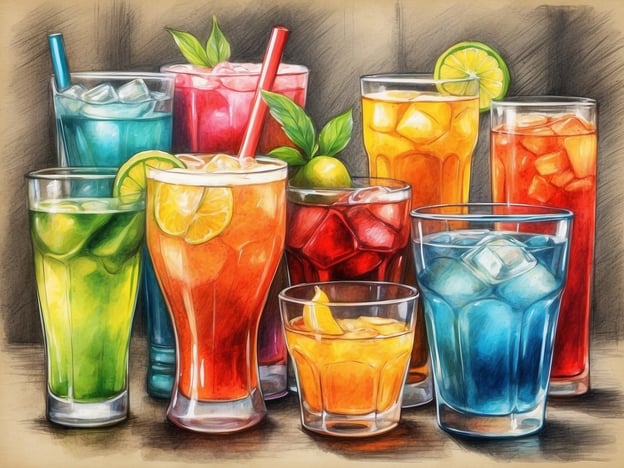 Ein Arrangement von verschiedenen alkoholfreien Getränken in bunten Gläsern. Die Getränke sind in unterschiedlichen Farben wie Grün, Blau, Rot, Orange und Pink und enthalten Eiswürfel sowie Fruchtscheiben und frische Kräuter als Garnitur. Jedes Glas hat eine andere Form und Größe, was eine lebendige und einladende Atmosphäre schafft. Dies könnte ideale Optionen für ein Getränkepaket wie das MSC Getränkepaket Easy darstellen, das eine Auswahl an köstlichen, erfrischenden Getränken bietet.