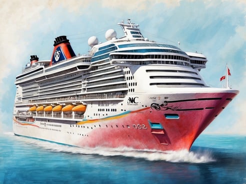 Ein großes Kreuzfahrtschiff fährt durch das Wasser. Das Schiff hat eine auffällige Farbgebung mit einem rot-weißen Rumpf und orangefarbenen Rettungsbooten. Auf dem Schornstein sind Logos und Buchstaben zu sehen, die den Namen des Schiffs zeigen. Der Himmel ist blau mit wenigen Wolken, und das Wasser ist ruhiger, was auf eine sonnige Umgebung hindeutet. MSC Schiff steht für Mediterranean Shipping Company, die für ihre Kreuzfahrten bekannt ist.