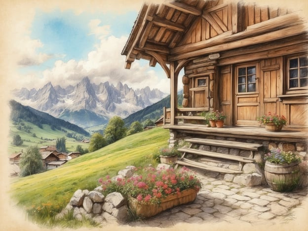 Auf dem Bild ist eine idyllische Landschaft mit einem Holzhäuschen zu sehen, umgeben von grünen Wiesen und beeindruckenden Berggipfeln im Hintergrund. Diese Szenerie erinnert an die bayerische Alpenlandschaft, die auch in Ruhpolding zu finden ist.Ruhpolding ist bekannt für seine atemberaubende Natur und zahlreiche kulturelle Highlights. Dazu gehören traditionelle Feste wie das Ruhpoldinger Dorf- und Heimatfest, das die regionale Kultur und Folklore feiert. Auch die Chiemgau Arena, wo zahlreiche Sportveranstaltungen und Biathlon-Wettkämpfe stattfinden, zieht viele Besucher an. Außerdem gibt es hier typische bayerische Architektur und eine Vielzahl von Wander- und Radwegen, die die natürliche Schönheit der Umgebung zur Geltung bringen.