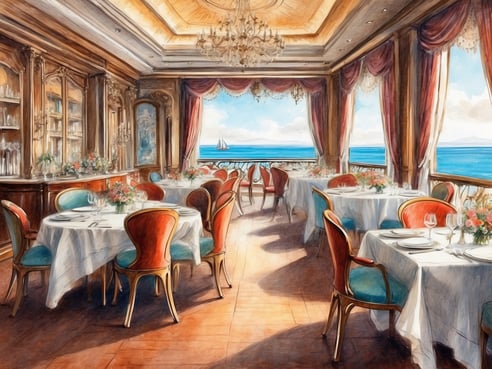 Ein elegantes Restaurant mit mehreren Tischgedecken steht im Vordergrund. Die Tische sind mit weißen Tischdecken und schönen Blumenarrangements dekoriert. Rote und türkisfarbene Stühle umgeben die Tische. Im Hintergrund sind große Fenster, die einen Blick auf das Meer ermöglichen. Ein Segelboot ist in der Ferne zu sehen. Die Innenausstattung wirkt großzügig und stilvoll, mit einem Kronleuchter an der Decke und opulenten Vorhängen.