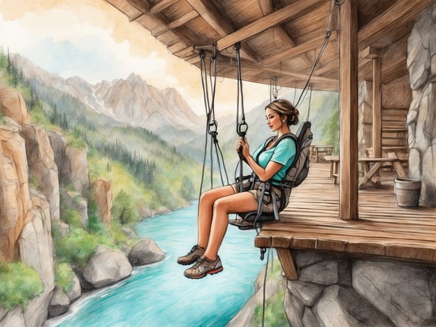 Auf dem Bild sieht man eine Frau, die an einem schwebenden Sitz befindet, der über einem malerischen Fluss hängt. Im Hintergrund sind beeindruckende Berge und eine grüne Landschaft zu erkennen.Diese Szene könnte für viele entspannend sein, da die Frau in der Hängematte ausruht und die Natur betrachtet. Gleichzeitig bietet die Situation ein Gefühl von Abenteuer und Nervenkitzel, da sie in der Höhe sitzt und eine spektakuläre Aussicht genießt. Aktivitäten wie Wandern in der Natur oder das Erleben von schwebenden Sitzen sind ideal, um Abenteuer und Entspannung miteinander zu verbinden.